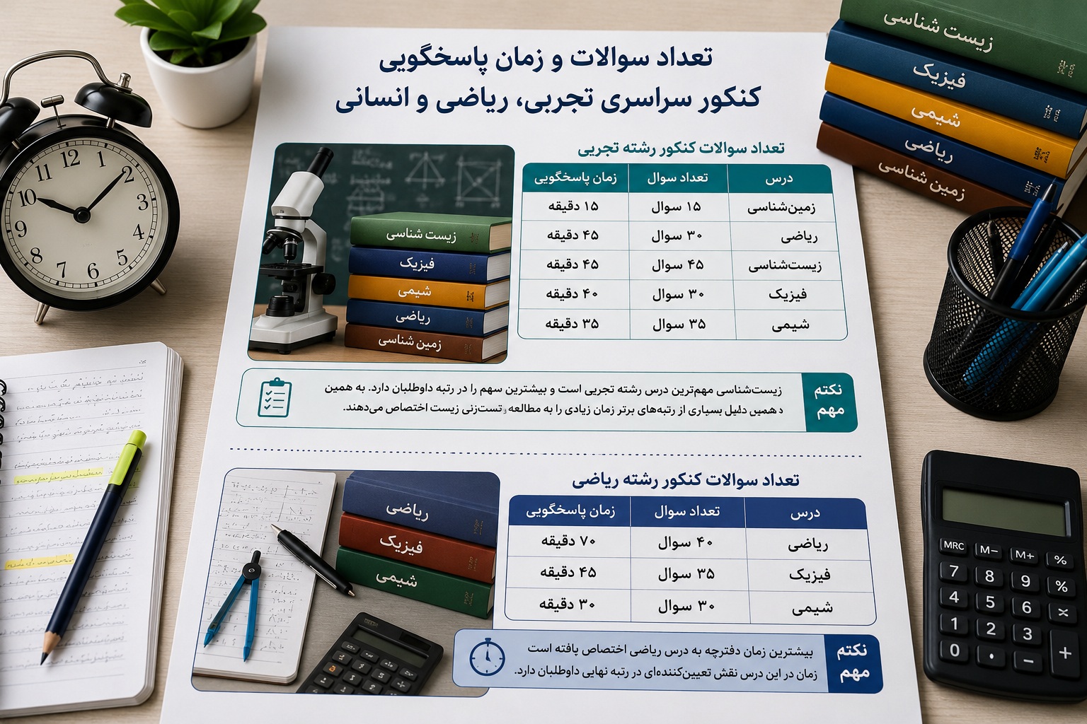 تعداد سوالات و زمان پاسخگویی کنکور سراسری تجربی، ریاضی و انسانی